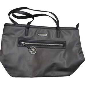 Michael Kors Tote Bag Gray Nylon Black Leather‎ Trim MK Charm Zip Pocket